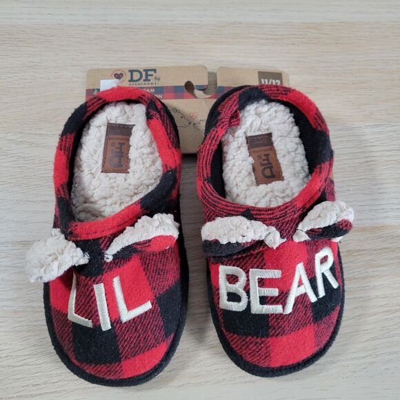 Dearfoams Lil Bear Slippers Kids 11/12 Check Plaid Memory Foam Sodt Warm NWT - Picture 1 of 3